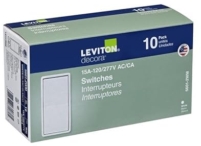 Leviton 5601-2WM 15 Amp, 120/277 Volt, Decora Rocker Single-Pole AC Quiet Switch, Residential Grade, Grounding, 10-Pack, White