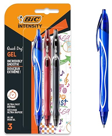 BIC Gel-ocity Quick Dry Tintenroller, Gelstifte in 3 verschiedenen Farben, Strichstärke Medium, mit gummierter Griff-Fläche