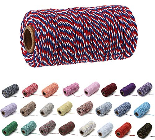 Gbrand 100 Yard / 2mm farbiges Baumwollseil Bastelschnur Strickschnurseil zum Basteln Geschenkverpackung (#20 Rot Blau & Weiß)