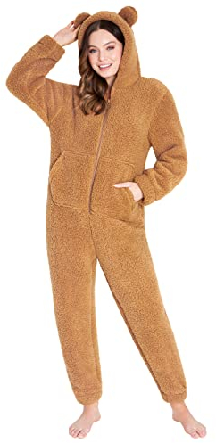 CityComfort Jumpsuit Damen Kuschelig Fleece Onesie Damen Flauschig S-XL (Teddy Braun, S)
