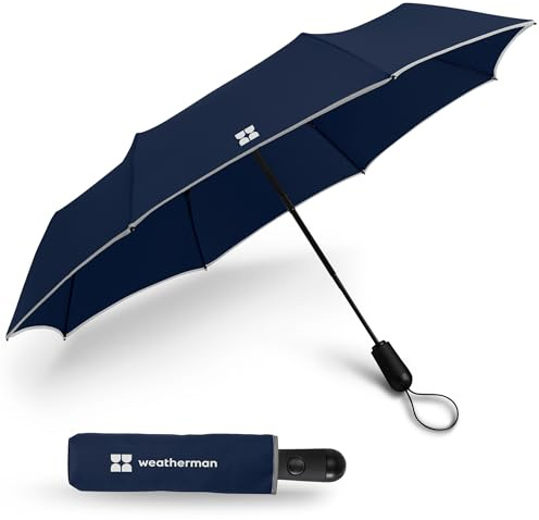 Weatherman Premium Small Compact Mini Umbrella for Travel - Windproof, Compact, Easy Auto Open - Resists Up to 45 MPH Winds - Perfect for Rain, Wind, Backpack, Car - Folding Umbrella, Strong Fiberglass Frame (Navy Blue)
