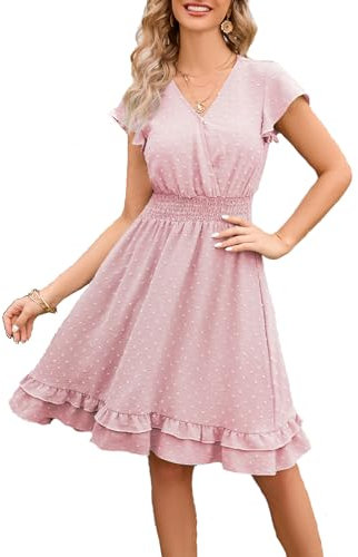 QUNERY Robe Femme Ete Robe Longue Boheme Robe Manches Courtes Col en V Élegante Taille Haute Robe Cocktail Soiree avec Ceintures C-Couleur Rose XXL