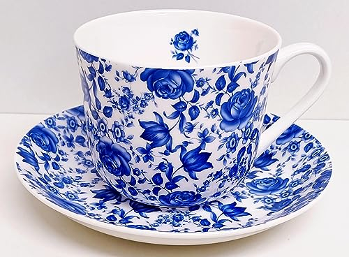 Rainbow Decors Delft Blue Cup & Saucer Fine Bone China Jumbo Breakfast 15fl oz 425 ml Flowers Floral Hand Decorated in UK