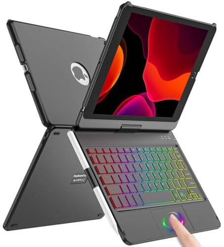 SZO iPad 9 Generation 10.2 Teclado Case, para iPad 9a/8a/7a Generation Estuche para Teclado, 360°Touchpad Flip Hard Cover Case, Wireless Bluetooth Keyboard 7 retroiluminación, Auto Sleep/Wake, Negro
