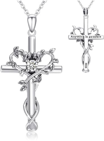 CRWENG Kreuz Ketten 925 Sterling Silber Kreuz Geburtsstein Halskette Rose Kreuz Anhänger Halsketten Geburtsstein Schmuck Geeignet für Frauen