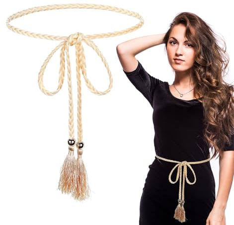 Heasy Quastengürtel, 177,8 cm, Seilgürtel für Damen, goldfarbener Stoffgürtel, Boho-geflochtener dünner Gürtel, Bund für Damen, Rockkleid (weiß und gelb), Weiß, Gelb, M