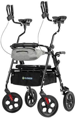ELENKER All Terrain Upright Rollator Walker with Seat, Foldable Stand Up Walkers for Seniors with Armrest, Front Pouch, 10” Wheels, Fully Adjustment Frame, Black