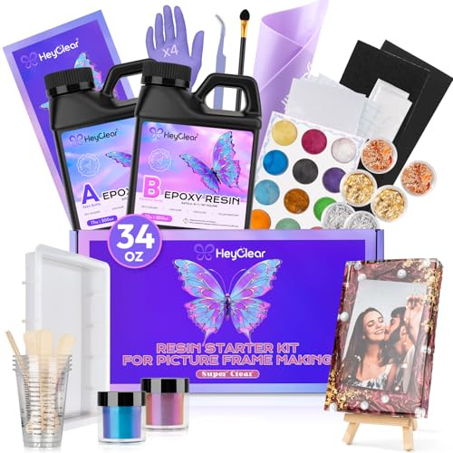 HeyClear 1L Epoxy Resin Picture Kit with Frame Silicone Mould -Super Clear and Hard Resina Complete Craft Accessories and Supplies Set for Casting Art, DIY Photo Gifts