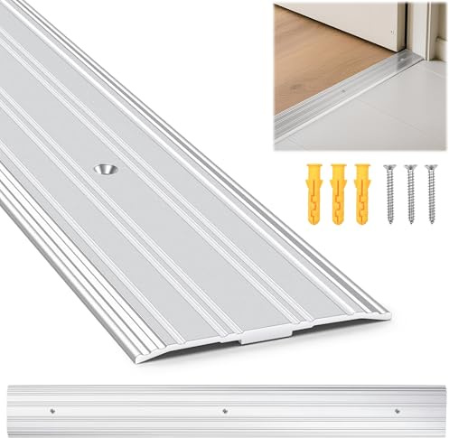 Aluminum Door Threshold - 48 L x 3 W Exterior Floor Transition Strip with Pre Drilled Holes and Expansion Screws, Non-Slip Fluted Saddle Threshold Flat Profile Threshold, Prevent Dust & Airflow
