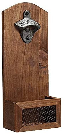 VAYEODEYU Sacacorchos， Abridor de botellas de cerveza, recogedor de tapas de bebidas, montado en la pared, madera y hierro, 120 x 70 x 300 mm
