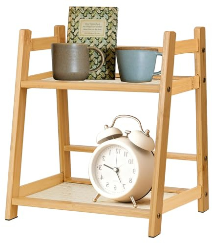 Organiseur de Cuisine en 2 Niveaux - Imitation Bambou Tressé pour Tasses, Plateau à Café, Étagère à Épices en Bois Debout, Étagère de Table en Bambou, Rangement pour Cuisine, Bar, Bureau (Couleur Bois