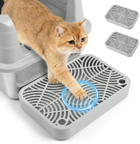 Kalolary 2 Pack Rampas para Caja de Arena de Gatos con Cubierta de Rejilla Extraíble – Antideslizantes, Filtro de Arena Eficiente, Acceso Seguro para Gatitos y Gatos (Gris Claro E-Tipo Plano)