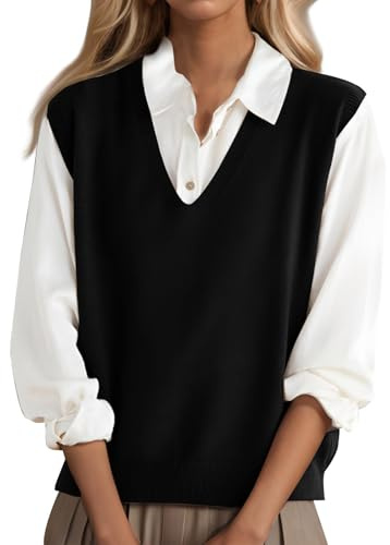 Générique Pull sans Manche Femme Col V Gilet sans Manche Femme en Tricot Débardeur Couleur Unie Chaud Décontracté Basique Style Preppy Sweater Automne Hiver Noir,M