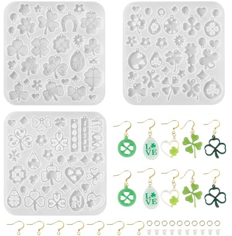 Craftora 3 moldes de silicona de trébol irlandés, trébol irlandés, pendientes, colgantes, molde de fundición para hacer joyas, decoración del día de San Patricio