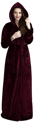 Artfasion Women Hood Plush Robes: Long Soft Warm Full Length Bathrobes Luxurious Fluffy Fleece Winter Bath Robes Wine with Pockets for Mom Wife Friends Shower Spa Mother's Day Gifts (Wine Red X-Large)
