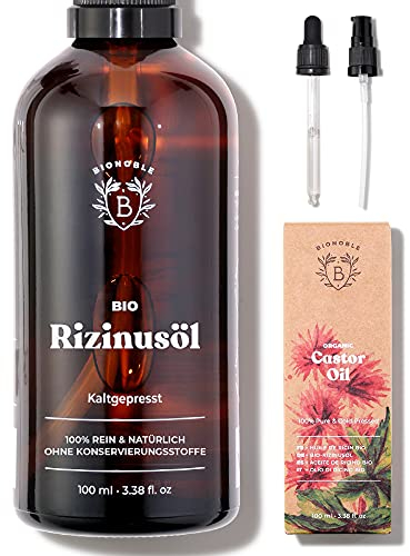 BIONOBLE Huile de Ricin Bio Pressée à Froid, 100% Naturelle - Favorise la Pousse, Répare - Huile de Ricin pour Cheveux, Cils, Sourcils - Castor Oil - Flacon Verre, Pipette, Pompe - 100ml