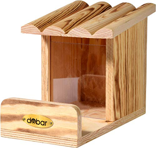 dobar® 22239FSCe Eichhörnchenfutterstation - Eichhörnchen Futterhaus Massivholz - Futterbox mit Schutzklappe - Futterstelle zum Eichhörnchen füttern Nüsse/Kerne/Früchte - 24 x 15 x 17 cm - Geflammt