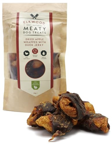 Elkwood Natural Dog Treats 100g - Dried Apple Chunks Wrapped in Duck Jerky | High in Protein, Low-Fat & Gluten-Free Chews for Healthy Digestion, Hypoallergenic Snacks & Immune Support