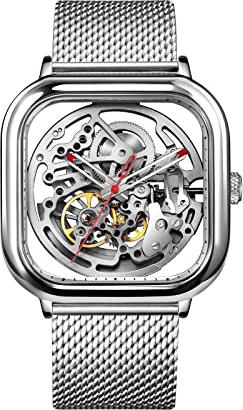 CIGA Design Automatik Uhr Herren - C Serie Armbanduhr Damen 40mm Quadratisch Skelettuhr Edelstahl Saphirglas mit Milanaise und Leder Armband(Silber)