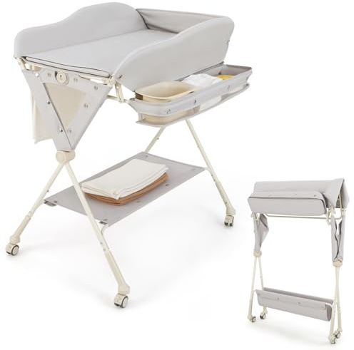 COSTWAY Cambiador de Pañales Plegable para Niños, Cubículo Cambio Pañales con Almacenaje, Ruedas Extraíbles y Bloqueables,Organizador Móvil para Bebé y Niño (Gris)