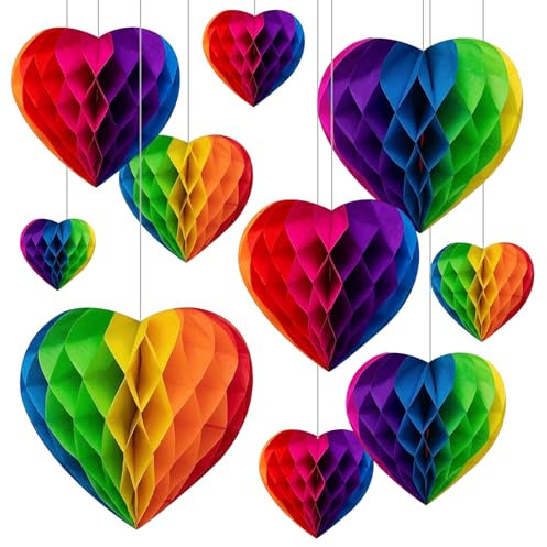 YUWJOOWEE 10 Pcs Rainbow Party Decorations Rainbow Paper Honeycomb Balls, Hanging Pride Decorations for Fiesta, Wedding, Valentine, Birthday, Infant Baptism (10in)