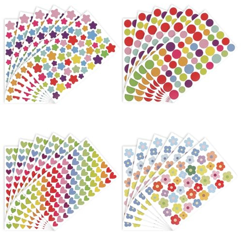 24 Sheets Colorful Dot Star Flower Heart Stickers - Rainbow Mini Shape Stickers for Scrapbooking, Rewards, Kids' Arts & Crafts