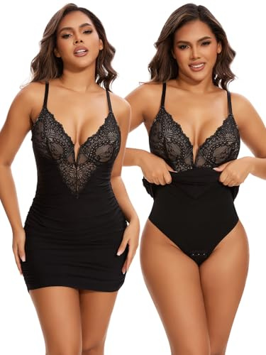 SHAPERIN Shapewear Dress Deep V Neck Lace Corsets Summer Dresses Tummy Control Bodycon Mini Dresses for Women Black M