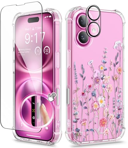 GVIEWIN for iPhone 16 Case TPU Clear Flower with Screen+Lens Protectors
