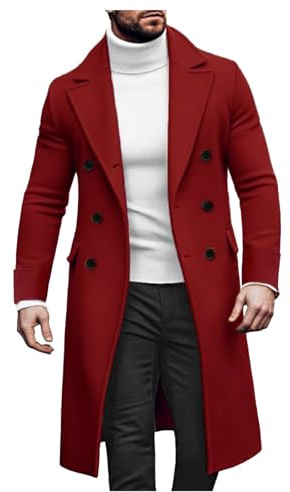 Rrongwn Cappotto di lana da uomo elegante da lavoro, trench invernale con risvolto, autunno, primavera, cappotto di mezza stagione, da lavoro, in cotone, spesso lungo, outwear, Colore: rosso, M