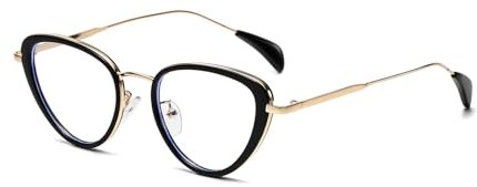 LJCZKA Gafas Luz Azul Para Mujeres Montura de Metal Ojo De Gato Retro Con Cristal Transparente Gafas Ordenador Antirreflejos Videojuegos Para Combatir Antifatiga El Dolor De Cabeza (NegroOroClaro)