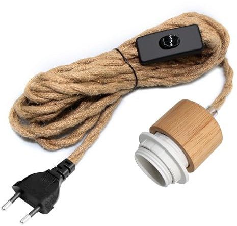 Kit Cavo a Corda per Lampadario, 500 CM Cavo per Lampada in Corda, E27 Legno Portalampada con Corda di Canapa, Lampada Sospensione con Spina, Vintage Vento Industriale, Adatto Interni, Idea di Casa