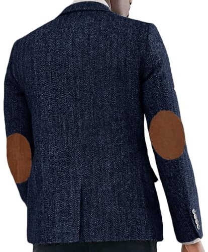 ORBITRAY Men's Tweed Herringbone Blazer Jacket with Faux Suede Elbow Pads Vintage Single Breasted Navy