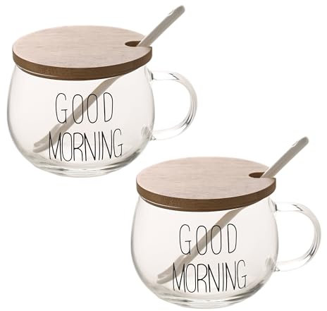 TREEWOO Good Morning Tasse ronde en verre transparent pour café, dessert, lait, thé, yaourt, avec poignée et couvercle en bambou, cuillère en céramique tulipe (2 Tasse à lettres noires)