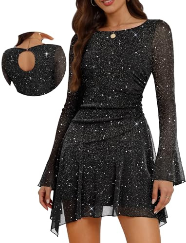 Aupuls Sparkly Homecoming Dress Short with Sleeves Ruched Waist | Back button closure, Bell Sleeve, Comfort lining prevent rubbing, Ruched Waist, Slim-fit dress for cocktail party date night