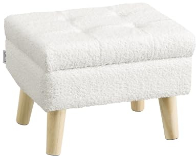 SONGMICS Storage Ottoman, Foot Stool, Ottoman with Padded Seat, Foot Rest with Wood Legs, Small Table, for Hallway, Living Room, 11.8 x 15.7 x 11.4 Inches, Teddy Fleece, Cream White ULOM518WD01