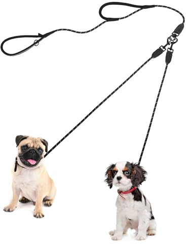 PetBonus Guinzaglio doppio per 2 cani, nessun groviglio, robusto, in nylon, riflettente, doppio guinzaglio per cani di piccola taglia media 0,8 cm