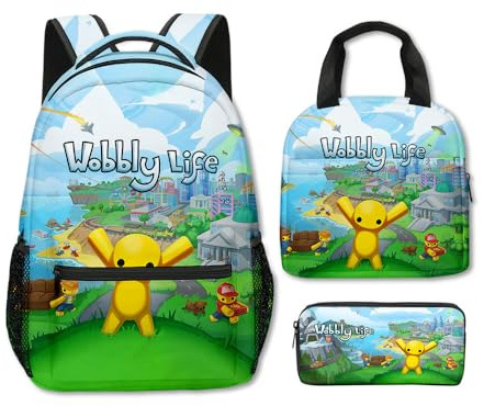 Axolotl Kids Wobbly Life Backpack Lunch box Pencil Case 3Pcs Set Funny Wobbly Life Casual Daypacks