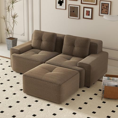Canapé d'angle convertible, 204 cm Canapé 2 places en L, compressible canapé modulable Cloud avec assise profonde, canapé confortable et librement combinable pour le salon, velours côtelé, Marron