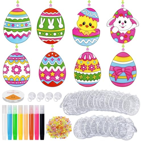 Uova di Pasqua Decorazioni da Dipingere, 24 Pezzi Lavoretti di Pasqua Decorare Bambini da Appendere, Fai-da-te Ornamenti per Acchiappasole Pasquali, Kit Pasqua Artigianato da Colorare Regalo Creativi