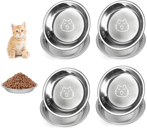 Set di 4 ciotole per gatti in acciaio inox – ciotole piatte per gatti con simpatico motivo gatto – ciotole lavabili in lavastoviglie per cibo secco e umido – igieniche, durevoli – ideali per gatti