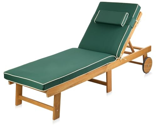 Alfresia Acacia Wooden Sun Lounger with Luxury Cushion, 4-Position Adjustable Garden Lounger Chair with Wheels, Foldable Outdoor Sunbed for Patio, Decking & Garden Green