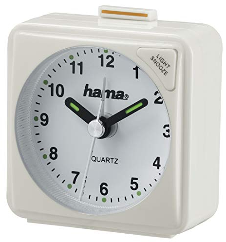 Hama Réveil Analogique de Voyage A50 (Mini Réveil Compact, Fonction Snooze, Rétroéclairage, Aiguilles Fluorescentes, Idéal Voyage Chambre Bureau) Blanc