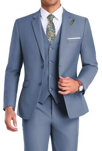 Mrbuerly Men Suit 3 Pieces Slim Fit, Denim Blue Prom Men's Suits Blazer Vest Pants Formal Wedding Groomsmen Jacket-M4034