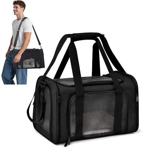 ALLSOPETS Trasportino per Cani, Borsa Morbida per Cani e Gatti di Piccola Taglia, Omologata per Aereo, Borsa Pieghevole con Cuscino per Viaggio Campeggio Escursioni (Nero Opaco)