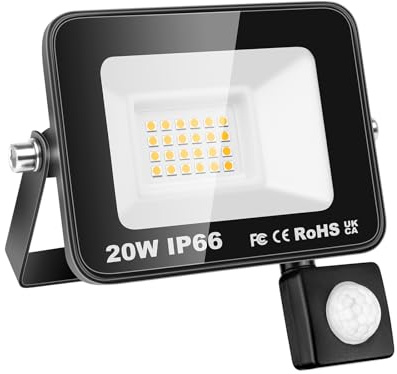 Willpower Faro LED Esterno con Sensore di Movimento 20W 2000LM Faretto LED Bianca Caldo 3500K Proiettore LED IP66 85V-265V Luce di Sicurezza per Giardino Cortile Garage Patio Corridoio