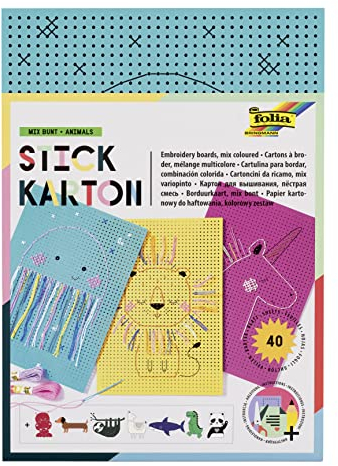 folia 2349 - Stickkarton Animals, 300g / m², weiß bedruckt, 17,5 x 24,5 cm, 40 Blatt, 8 Motive - ideal für Stickübungen