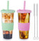 2 Pack Reusable Boba Tea Cups, 750ml/24oz Clear Water Tumbler with Straw & Lid, Leakproof Clear Plastic Mug Cup, Double Wall Smoothie Tumbler with Wide Straw for Bubble Tea, Milkshake, Iced Coffee