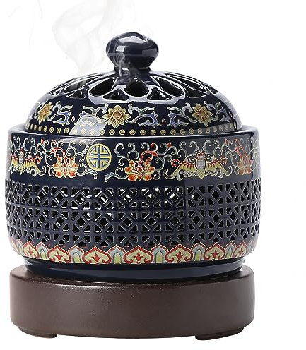 Ceramic Holder Electric Incense Burner Enamel Built-in LED Lights Simulate Flames, Classical, Elegant and High-end Hollow Design