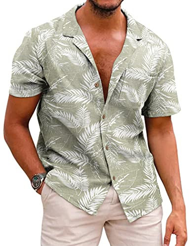 COOFANDY Hawaii Hemd Männer Leinenhemd Baumwolle Hawaii Kurzarmhemd Freizeit Sommer Button Down Hemden for Herren Grün M