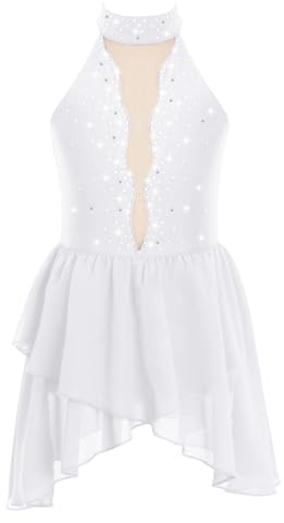 dPois Enfant Fille Robe de Danse Classique Strass Brillant Sequins Tenue Patinage Artistique Justaucorps Gymnastique Leotard Gym Costume Spectacle 5-16 Ans E Blanc 13-14 ans